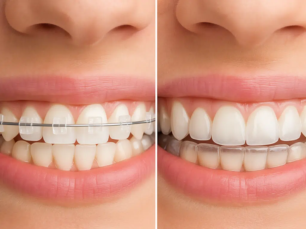 Clear braces on teeth compared with Invisalign clear aligners
